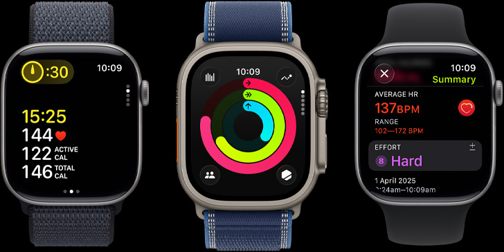 Three Apple Watch devices with workout metrics, Activity rings and post-workout insights on screen
