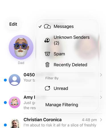 Messages app showing new screening tools feature that now filters unknown numbers into a section called Unknown Senders