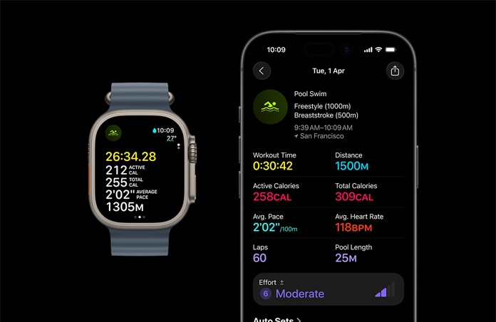 Apple Watch Ultra 3, натурален цвят, титанов корпус, Ocean Band, цвят метално синьо, активна тренировка по плуване, по-подробна разбивка на данните за тренировката на iPhone
