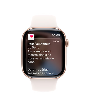 Apple Watch Series 11 com caixa de alumínio na cor ouro rosa, notificação expandida de apneia do sono, lateral direita, Digital Crown, pulseira esportiva blush-clara
