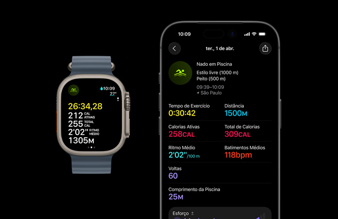 Apple Watch Ultra 3, caixa natural de titânio, métricas do treino Nado em Piscina, análise completa no iPhone emparelhado