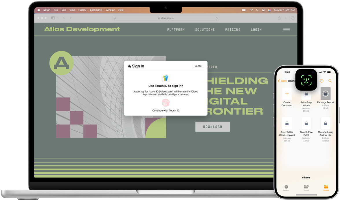 Imagem da parte da frente de um MacBook com a janela do Touch ID. Em frente ao MacBook, há um iPhone com a tela do Face ID.