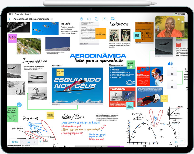 Tela do iPad Air mostra o Freeform e uma usuária em uma chamada FaceTime.