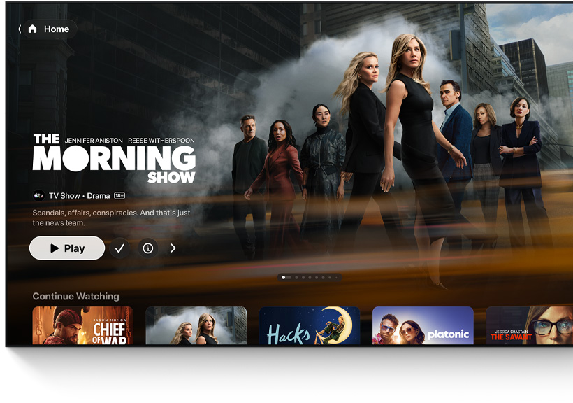 A flatscreen television showing the Apple TV app's home screen UI