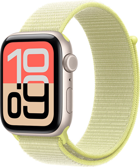 Apple Watch SE 3, aluminum case, starlight colour, Flux watch face, right side exterior, Digital Crown, microphone, side button, neon yellow Sport Loop, pull tab closure