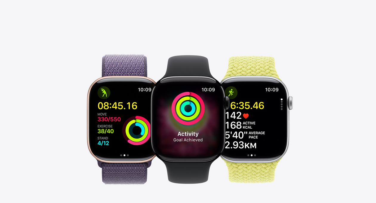 Apple Watch Series 11 devices, aluminum cases, rose gold, polished jet black and silver colours, onscreen: yoga, activity rings, run, Sport Loop, purple, Sport Band, black, Braided Solo Loop, yellow colours