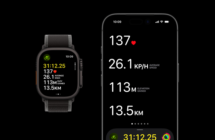 Apple Watch Ultra 3, black colour, titanium case, Trail Loop, black/charcoal colour,  iPhone, active workout metrics open on both devices