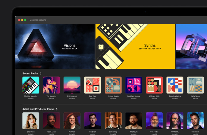 Écran de MacBook Pro 16 pouces, bibliothèque de sons de Logic Pro, paquet de synthétiseurs Session Player, paquet Visions Alchemy, paquet Dancefloor Rush (Drum and Bass), rangée de paquets de sons, rangée de paquets d’artistes et de producteurs, rangée de paquets d’instruments