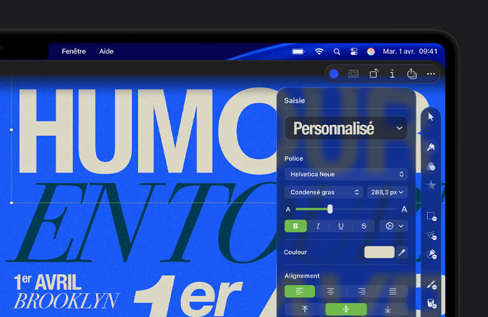 Espace de travail de Pixelmator Pro avec de la typographie blanche et noire sur un fond bleu, barre d’outils à droite