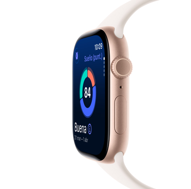 Vue de biais d’une Apple Watch Series 11 en aluminium or rose affichant le score de sommeil et d’autres données dynamiques à l’écran.