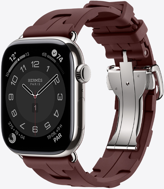 Apple Watch Hermes Series 11, boîtier en titane, argent, bracelet Kilim, bordeaux, boucle de métal à dégagement rapide argent