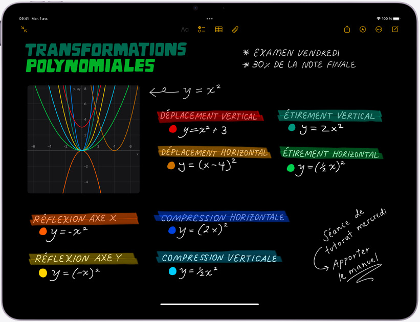 iPad Air, orientation paysage, écran affichant Notes mathématiques