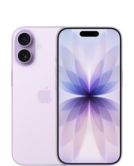 iPhone 17, face arrière, lavande, système à deux caméras Fusion dans le coin supérieur gauche, logo Apple au centre, face avant, lavande, Dynamic Island au centre de la partie supérieure