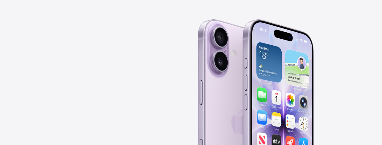 iPhone 17 lavande, face avant avec une vue partielle de l’écran d’accueil, vue de profil montrant les boutons Action et de volume. Face arrière montrant le système à deux caméras Fusion dans le coin supérieur gauche et la Commande de la caméra