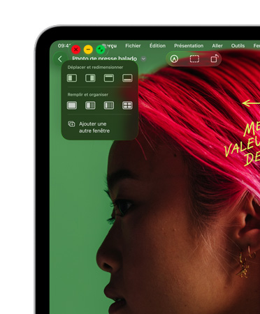 Commandes des fenêtres, avec un bouton rouge pour fermer, un bouton jaune pour minimiser et un bouton vert pour agrandir, et les options pour déplacer, redimensionner ou réorganiser les fenêtres