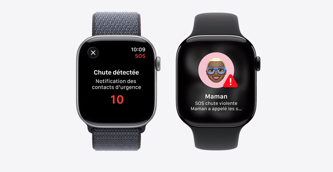 Apple Watch Series 11, notification de détection de chute, bouton d’appel d’urgence, deuxième notification indiquant que Maman a fait une chute violente et a appelé les services d’urgence