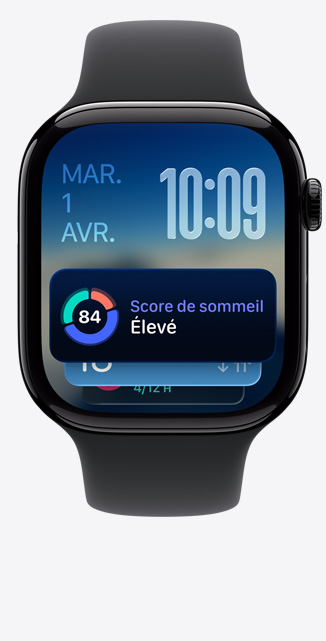 Apple Watch Series 11, boîtier en aluminium, noir de jais poli, pile intelligente, alerte de score de sommeil, côté droit, Digital Crown, bracelet sport noir