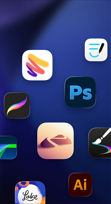 Creative Apps: An iPad screen with a variety of creative apps on the homescreen.