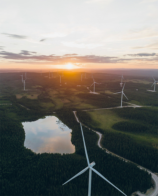 Una serie de turbinas eólicas productoras de energía, dispuestas en un paisaje verde, vistas desde arriba.