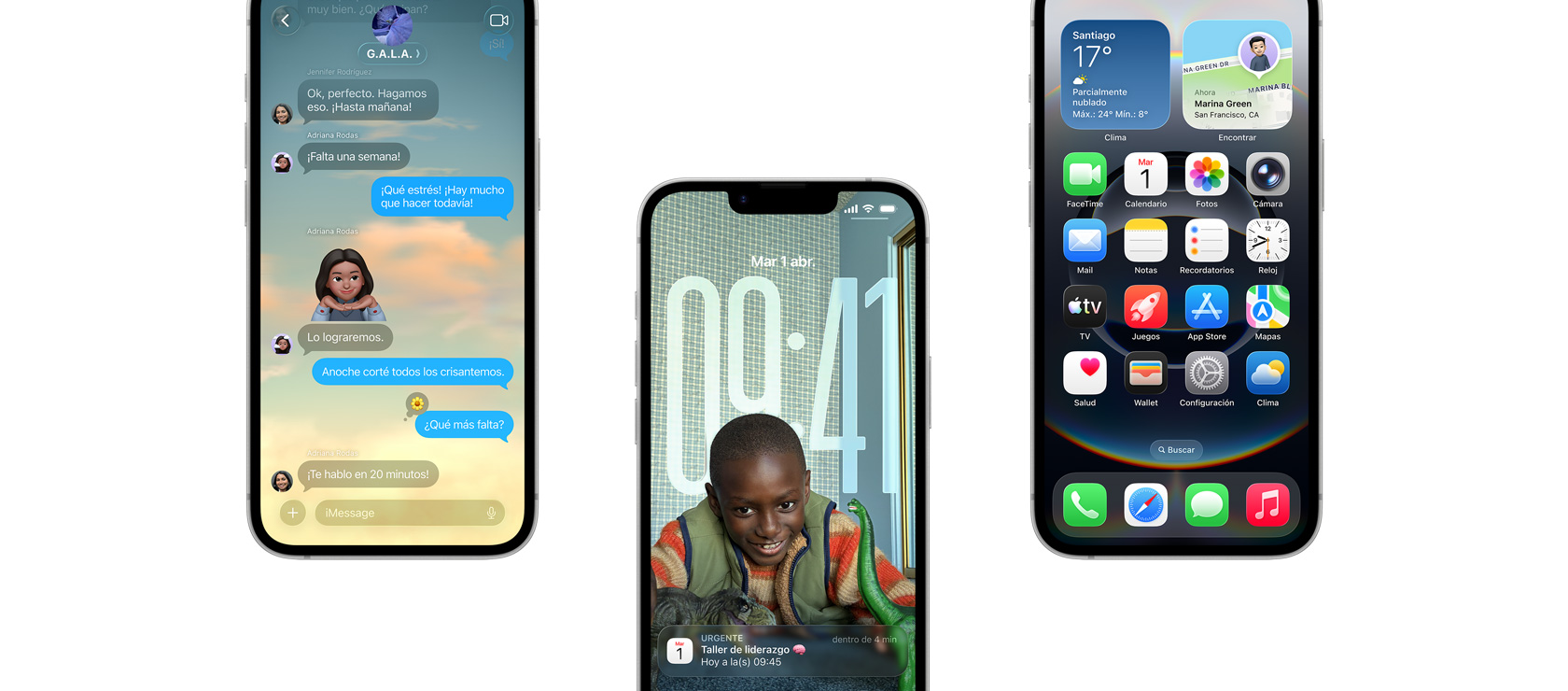 Tres dispositivos iPhone 16e, parte frontal, vista parcial, funcionalidades de iOS 26: pantalla de un iPhone con la app Mensajes, notificación de Calendario en la pantalla bloqueada personalizada, pantalla de inicio con varias apps.