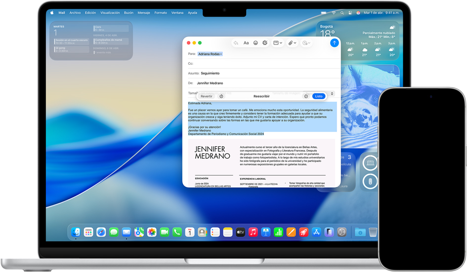 Una Mac muestra las Herramientas de Escritura, y un iPhone muestra mensajes con Traducción en Vivo