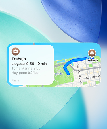 El widget de Mapas muestra el nuevo planificador de rutas preferidas, con información sobre el tránsito, la hora de llegada y la duración del viaje