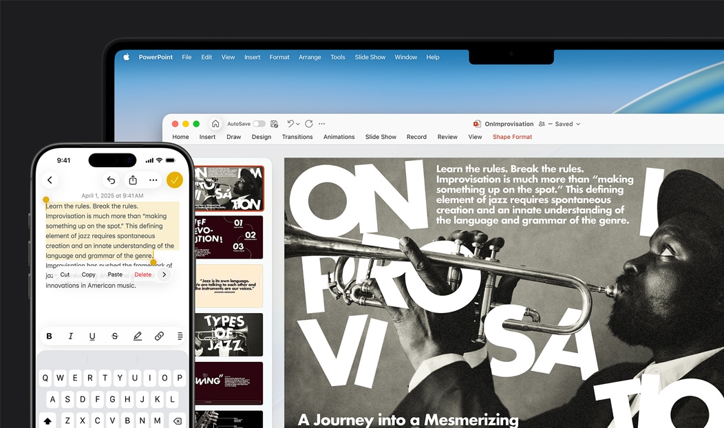 iPhone 16 Plus se zvýrazněným textem v aplikaci Poznámky, MacBook Pro s otevřenou prezentací v Keynotu, na snímku je viditelný text z aplikace Poznámky