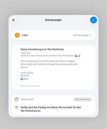 Liste in der Erinnerungen App mit intelligenten Erinnerungen und vorgeschlagenen Aufgaben
