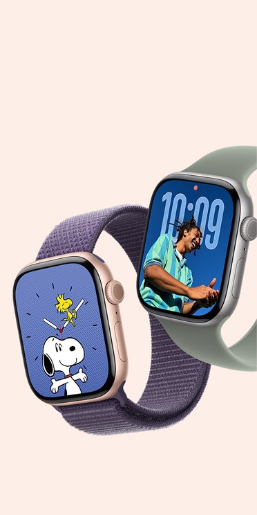 Apple Watch Series 11 devices, aluminum case, Space Gray color, and titanium case, natural color, Snoopy and Photos watch faces, Sport Loop, purple fog color, Solo Loop, green gray color