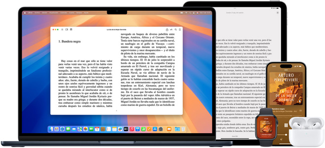 Un MacBook Pro y un iPad Air muestran la misma página de un libro en la app Libros. Las pantallas de un Apple Watch y un iPhone 15 muestran la portada del mismo audiolibro. El estuche abierto de unos AirPods Pro deja ver los dos auriculares.