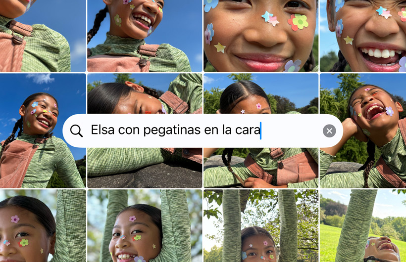 Una cuadrícula con fotos obtenidas a partir de la instrucción de búsqueda «Katie con pegatinas en la cara»