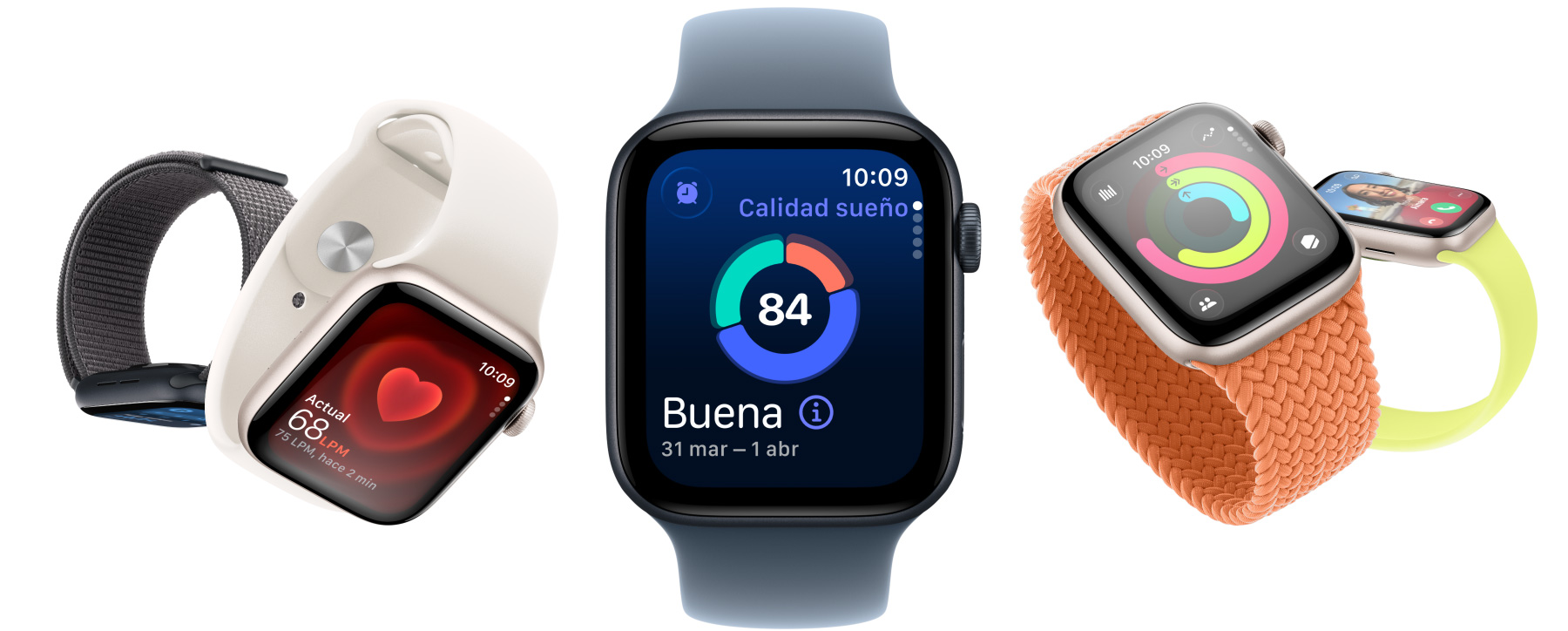 Modelos de Apple Watch SE 3, cajas de aluminio, color blanco estrella y medianoche, pantallas: app Constantes Vitales, app Frecuencia Cardiaca, Calidad del Sueño, anillos de Actividad, llamada entrante