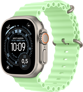 Apple Watch Ultra 3, color natural, caja de titanio, esfera Orientación, complicaciones: Índice UV, Actividad, Satélite, Brújula, lateral derecho, Digital Crown, micrófono, botón lateral, correa Ocean, color verde neón
