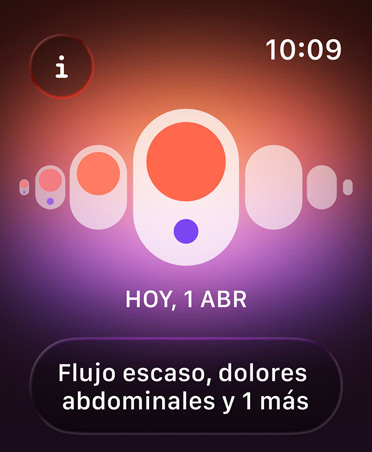 Pantalla de Control del Ciclo en la app Salud, el calendario indica la fase actual del ciclo menstrual, flujo escaso