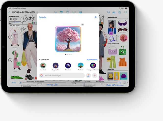 Un iPad mini en el que se está usando la nueva prestación Image Playground de Apple Intelligence en Freeform.