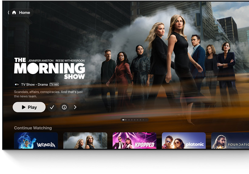 Ein Flachbildfernseher mit dem Homescreen der Apple TV App