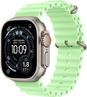 Apple Watch Ultra 3 med urkasse i farven naturligt titanium, urskiven Orienteringsløb, komplikationerne UV-indeks, Aktivitet og Satellit, Digital Crown, mikrofon og sideknap i højre side og neongrøn Ocean-rem