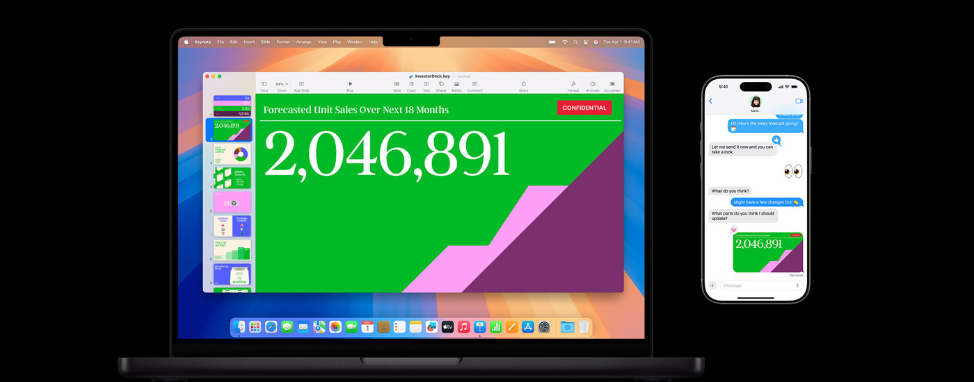 Apresentação no ecrã do Mac e uma troca de mensagens com ligação à apresentação.