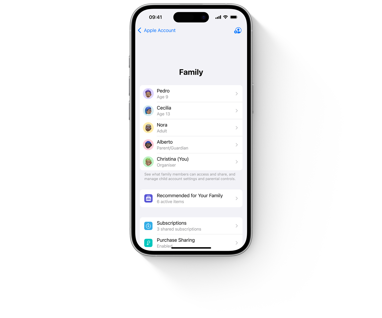 A five-person family is represented as Memoji heads. Each is inside a different coloured circle. They playfully look to one another before resolving into the Family Sharing screen in Settings inside an iPhone.