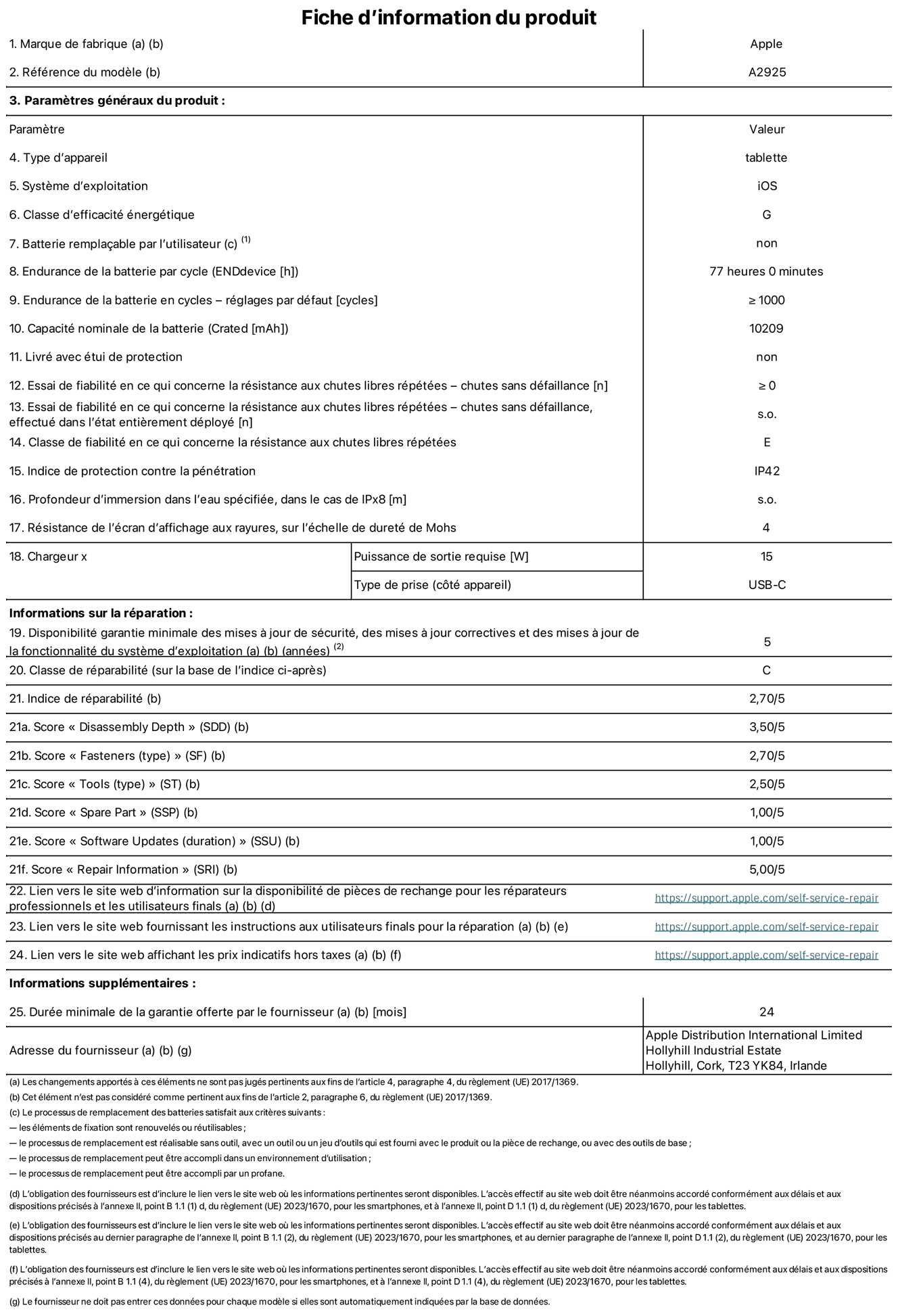 Fiche d’informations produit de l’iPad Pro 13 pouces Wi‑Fi, modèle A2925. Fournie par Apple Distribution International Ltd, Hollyhill Industrial Estate. Cork, T23 YK84, Irlande Type d’appareil : tablette. Système d’exploitation : iOS. Classe d’efficacité énergétique : G. Batterie remplaçable par l’utilisateur : non. Endurance de la batterie : 77 heures. Endurance de la batterie en cycles : ≥ 1 000. Capacité nominale de la batterie : 10 209 mAh. Essai de fiabilité en ce qui concerne la résistance aux chutes libres répétées – chutes sans défaillance : ≥ 0. Classe de fiabilité en ce qui concerne la résistance aux chutes libres répétées : E. Indice de protection contre la pénétration : IP42. Résistance de l’écran d’affichage aux rayures sur l’échelle de dureté de Mohs : 4. Puissance de sortie requise du chargeur : 15 W. Type de prise : USB‑C. Disponibilité garantie minimale des mises à jour de sécurité, des mises à jour correctives et des mises à jour de la fonctionnalité du système d’exploitation : 5 ans. Classe de réparabilité : C. Indice de réparabilité : 2,70/5. Score pour la profondeur de désassemblage : 3,50/5. Score pour les éléments de fixation : 2,70/5. Score pour les outils : 2,50/5. Score pour les pièces de rechange : 1,00/5. Score pour les mises à jour logicielles : 1,00/5. Score pour les informations de réparation : 5,00/5. Lien vers le site web d’information sur la disponibilité des pièces de rechange pour les réparateurs professionnels et les utilisateurs finaux : https://support.apple.com/self-service-repair. Lien vers le site web fournissant les instructions aux utilisateurs finaux pour la réparation : https://support.apple.com/self-service-repair. Lien vers le site web affichant les prix indicatifs hors taxes : https://support.apple.com/self-service-repair. Garantie générale de 24 mois offerte.