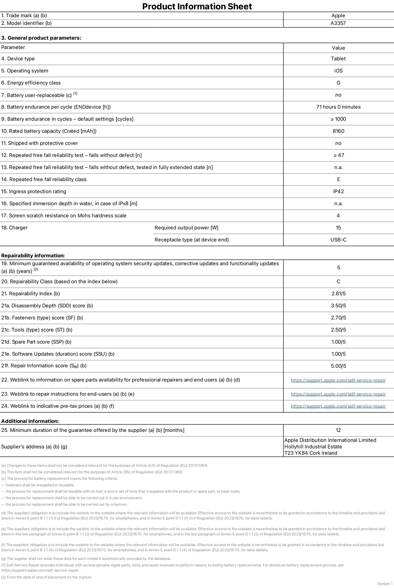 Product information sheet for 11-inch iPad Pro M5 Wi-Fi, model A3357. Supplied by Apple Distribution International Limited, Hollyhill Industrial Estate. Cork, Ireland, T23 YK84. Device type: tablet. Operating system: iOS. Energy efficiency class: G. Battery user-replaceable: no. Battery endurance per cycle: 71 hours. Battery endurance in cycles — default settings: greater than or equal to 1,000. Rated battery capacity: 8,160 milliampere-hours. Shipped with protective cover: no. Repeated free fall reliability test — falls without defect: greater than or equal to 47. Repeated free fall reliability test — falls without defect tested in fully extended state: not applicable. Repeated free fall in reliability class: E. Ingress protection rating: IP42. Specified immersion depth in water, in case of iPx8: not applicable. Screen scratch resistance on Mohs hardness scale: 4. Charger required output power: 15 watts. Charger receptacle type (at device end): USB-C. Minimum guaranteed availability of operating system security updates, corrective updates and functionality updates: 5 years. Repairability class: C. Repairability index: 2.81/5. Disassembly Depth (SDD) score: 3.50/5. Fasteners score: 2.70/5. Tools score: 2.50/5. Spare part score: 1.00/5. Software updates score: 1.00/5. Repair information score: 5.00/5. Weblink to information on spare parts availability for professional repairers and end-users: https://support.apple.com/self-service-repair. Weblink to repair instructions for end-users: https://support.apple.com/self-service-repair. Weblink to indicative pre-tax prices: https://support.apple.com/self-service-repair. 12 month general guarantee offered.