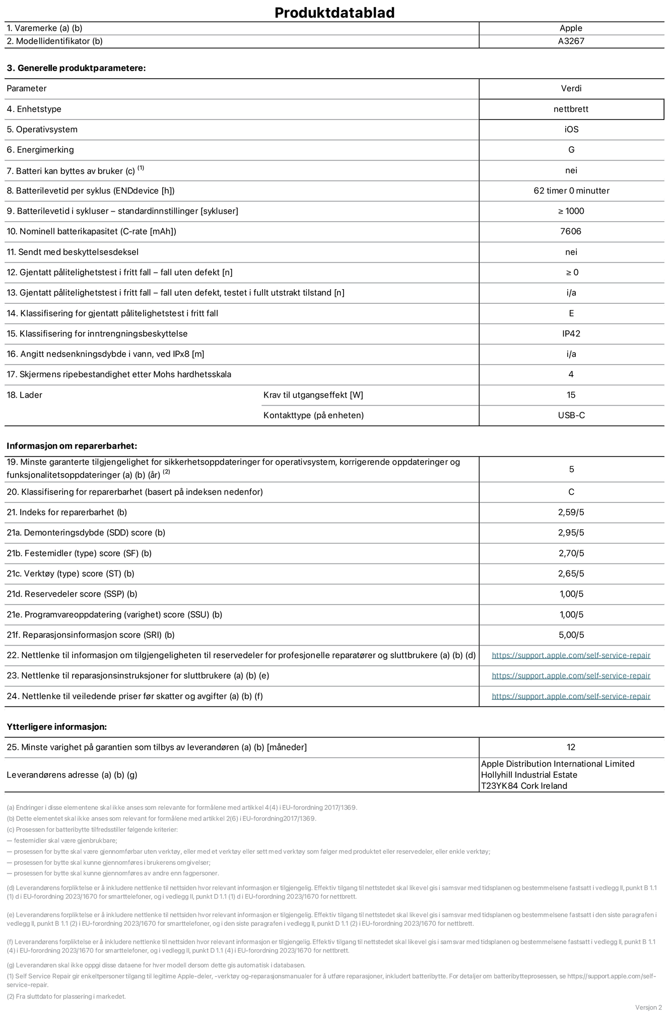 Produktdatablad for 11-tommers iPad Air Wi‑Fi + Cellular – modell A3267. Levert av Apple UK Ltd, 100 New Bridge Street, London EC4V 6JA. Enhetstype: nettbrett. Operativsystem: iOS. Energieffektivitetsklasse for standard dynamisk omfang: G. Batteriets holdbarhet: 62 timer. Batteriets holdbarhet i antall ladesykluser: ≥ 1000. Nominell batterikapasitet: 7606 mAh. Holdbarhetstest ved gjentatte fall – antall fall uten feil: ≥ 0. Holdbarhetsklasse ved gjentatte fall: E. Kapslingsgrad: IP42. Skjermens ripefasthet på Mohs skala: 4. Krav til laderens utgangseffekt: 15 watt. Laderens stikkontakt: USB-C. Minstegaranti for tilgang på sikkerhetsoppdateringer, feilrettinger og funksjonsoppdateringer til operativsystemet: 5 år. Reparerbarhetsklasse: C. Reparerbarhetsindeks: 2,59/5. Demontering: 2,95/5. Festeanordninger (type): 2,70/5. Verktøy: 2,65/5. Reservedeler: 1,00/5. Programvareoppdateringer: 1,00/5. Informasjon om reparasjon: 5,00/5. Lenke til informasjon om tilgjengelighet for reservedeler for profesjonelle reparatører og sluttbrukere: https://support.apple.com/self-service-repair. Lenke til reparasjonsveiledning for sluttbrukere: https://support.apple.com/self-service-repair. Lenke til veiledende priser ekskl. mva: https://support.apple.com/self-service-repair. Produktet omfattes av en 12-måneders generell garanti.