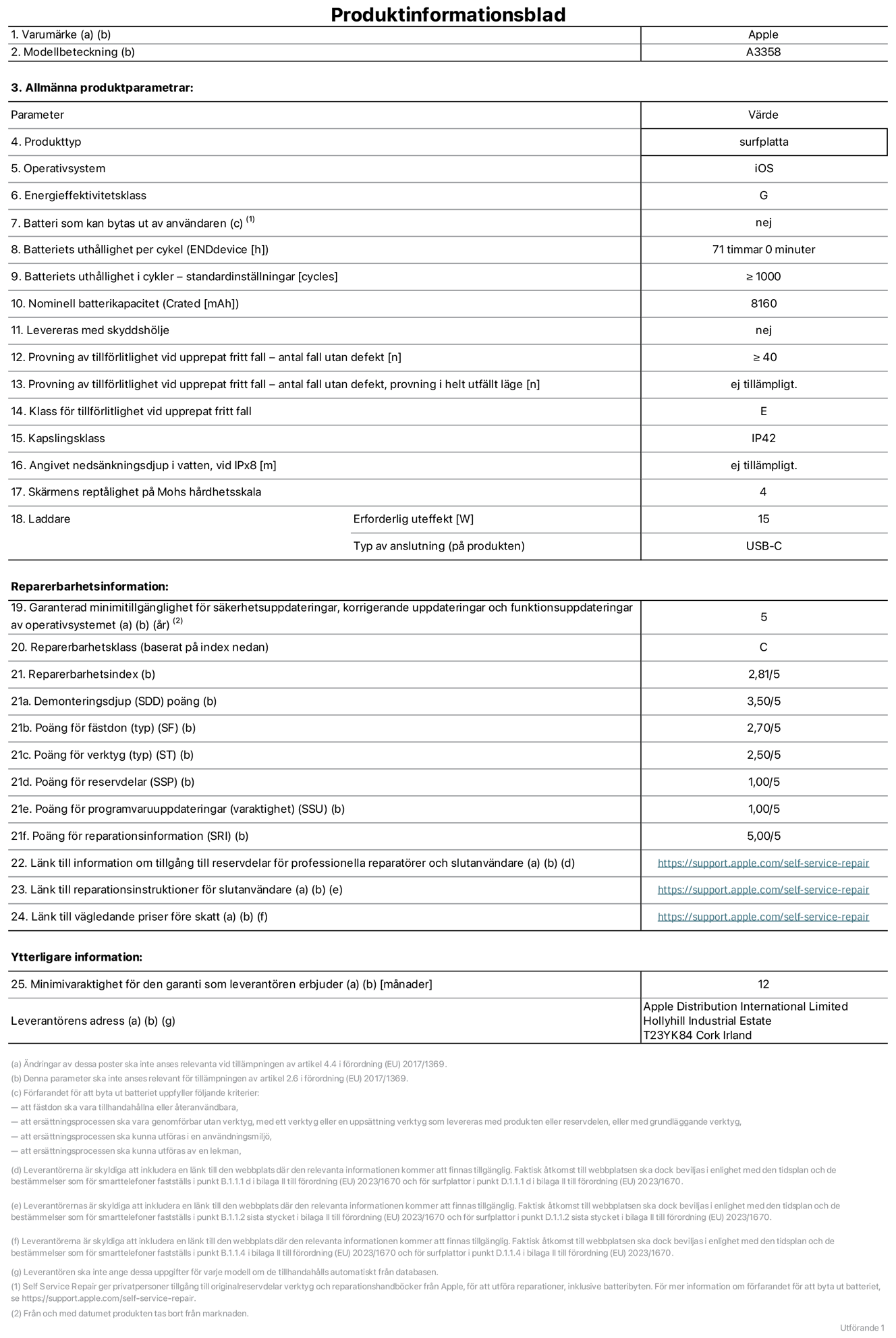 Produktinformationsblad för 11 tums iPad Pro med M5 (Wi‑Fi + Cellular), modell A3358. Tillhandahålls av Apple Distribution International Limited, Hollyhill Industrial Estate. Cork, Irland, T23 YK84. Enhetstyp: surfplatta. Operativsystem: iOS. Energieffektivitetsklass: G. Batteri som kan bytas ut av användaren: nej. Batteritid per laddningscykel: 71 timmar. Batteriets livslängd i antal cykler – standardinställningar: ≥ 1000. Nominell batterikapacitet: 8 160 mAh. Levereras med skyddsfodral: nej. Tillförlitlighetstest vid upprepat fritt fall – antal fall utan defekter: ≥ 40. Tillförlitlighetstest vid upprepat fritt fall – antal fall utan defekter testat i helt utfällt läge: ej tillämpligt. Tillförlitlighet vid upprepat fritt fall: klass E. IP-klass: IP42. Angivet nedsänkningsdjup i vatten vid iPx8: ej tillämpligt. Skärmens reptålighet enligt Mohs hårdhetsskala: 4. Laddare – uteffekt som krävs: 15 W. Typ av uttag på laddaren: usb-c. Garanterad minimiperiod för tillgång till säkerhetsuppdateringar, korrigerande uppdateringar och funktionsuppdateringar av operativsystemet: 5 år. Reparerbarhetsklass: C. Reparerbarhetsindex: 2,81/5. Poäng för demonteringsdjup (SDD): 3,50/5. Poäng för fästen: 2,70/5. Poäng för verktyg: 2,50/5. Poäng för reservdelar: 1,00/5. Poäng för mjukvaruuppdateringar: 1,00/5. Poäng för reparationsinformation: 5,00/5. Länk till information om tillgängliga reservdelar för professionella reparatörer och slutanvändare: https://support.apple.com/self-service-repair. Länk till reparationsanvisningar för slutanvändare: https://support.apple.com/self-service-repair. Länk till vägledande priser före skatt: https://support.apple.com/self-service-repair. Produkten omfattas av 12 månaders garanti.