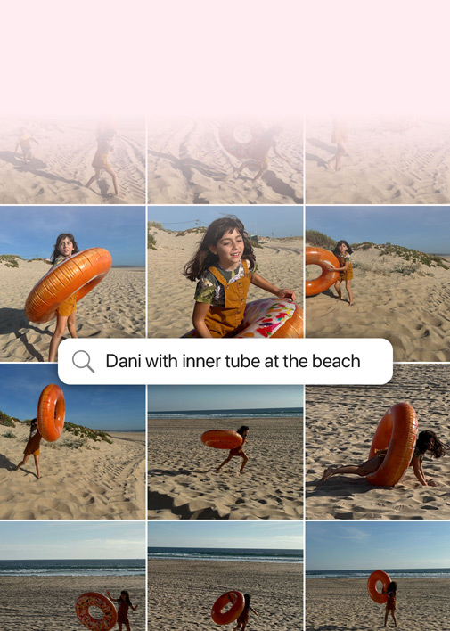 Feature Demonstration: Suchen in natürlicher Sprache in Fotos. Fotos eines Hundes mit der Suchanfrage über den Fotos: „Bandit in Kostümen“