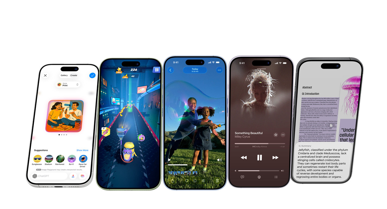 iPhone 17 devices in different colours, screens showing various apps