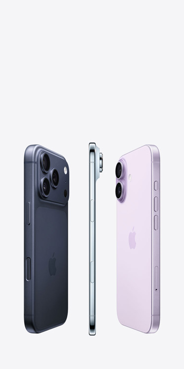 iPhone 17 Pro vist bagfra med Pro Fusion-kamerasystem øverst, iPhone Air vist fra siden med meget tynd profil i titanium og iPhone 17 vist bagfra med et avanceret dobbeltkamerasystem i øverste venstre hjørne