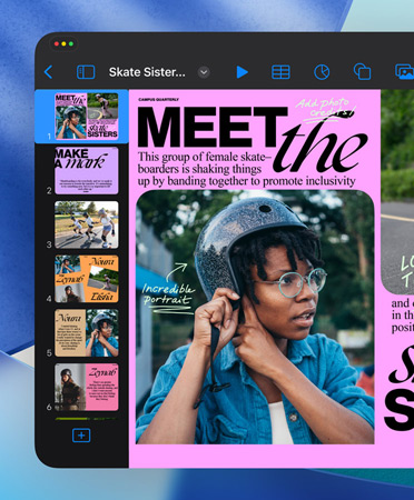 Et Keynote-vindue åbnes og viser de elegante, strømlinede betjeningsfunktioner.