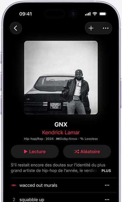 Écran d’iPhone affichant l’album « GNX » de Kendrick Lamar sur Apple Music