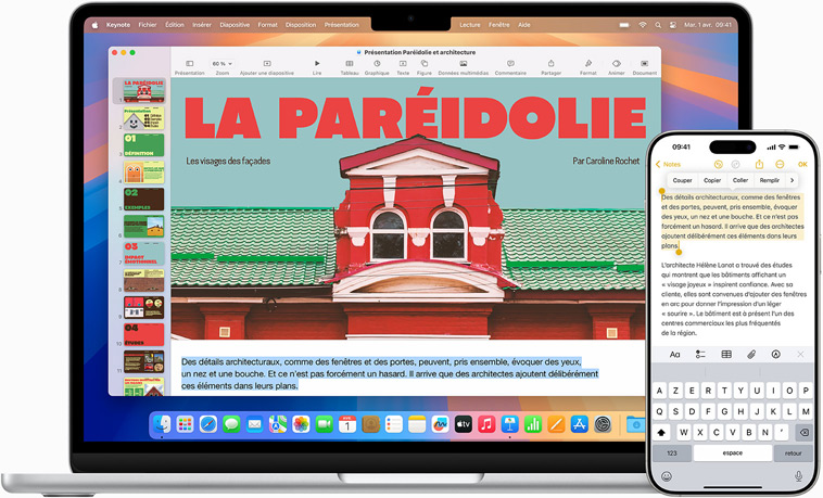 Démonstration de l’app Recopie de l’iPhone, avec l’écran de l’iPhone affiché sur un MacBook Air