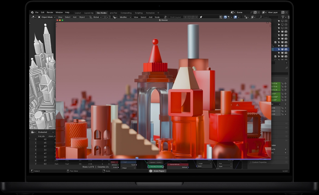 Screen of MacBook Pro of Blender being used to make a 3D animation